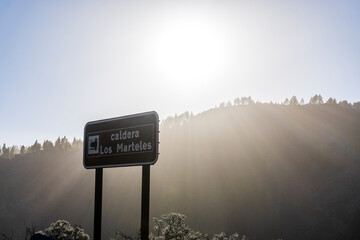 The sign Caldera Los Marteles means the viewpoint of Caldera Los Marteles peak, Gran Canaria, Spain - obrazy, fototapety, plakaty
