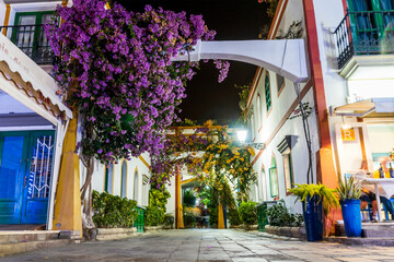 Charming flowers on narrow streets of Puerto de Mogan, Gran Canaria, Spain - obrazy, fototapety, plakaty