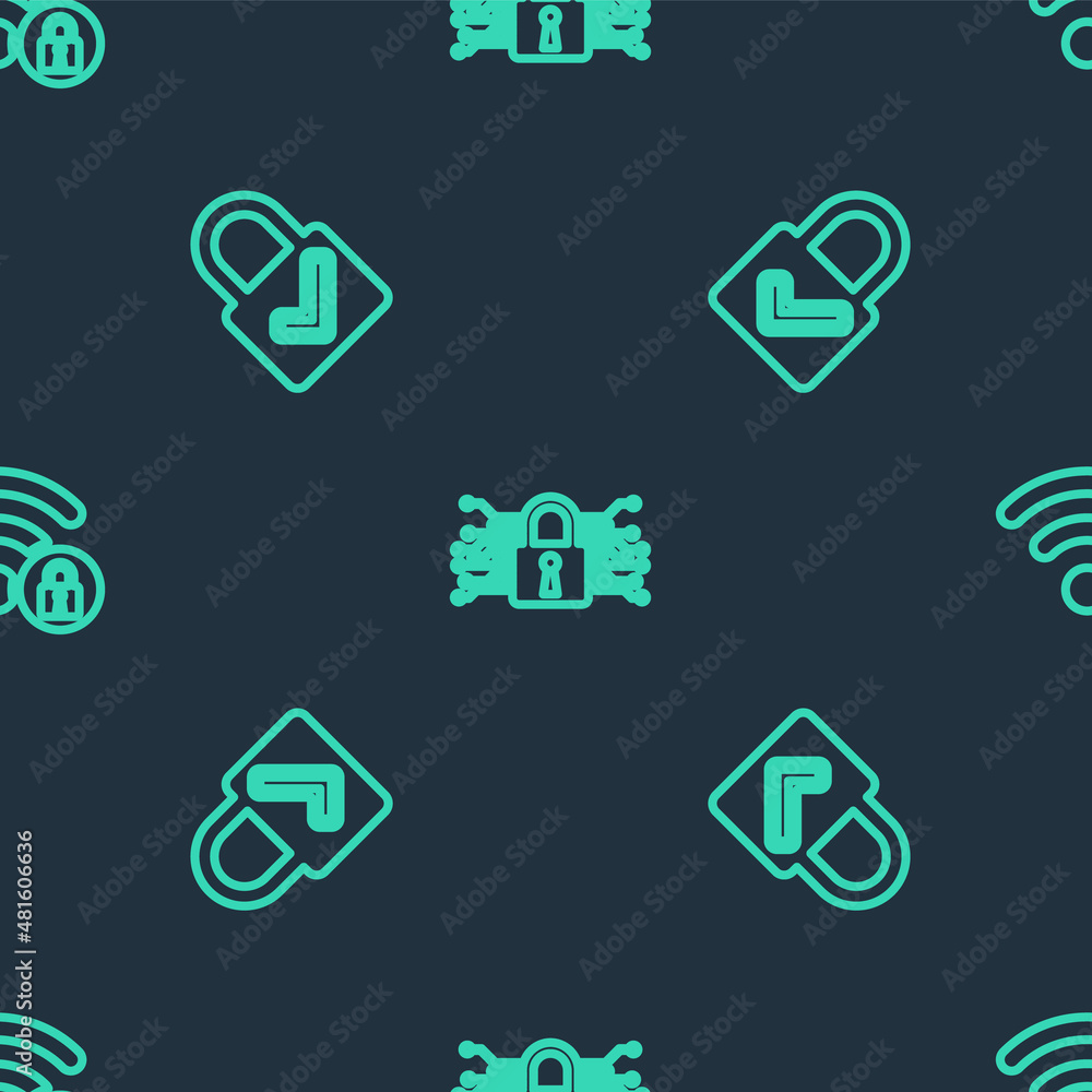 Poster set line cyber security, lock and check mark and wifi locked on seamless pattern. vector