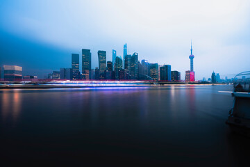 Panorama view of Aerial Shanghai city scape at night time.
