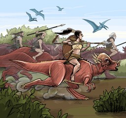 Pachycephalosaurus rider warriors go on an attack. © Ekaterina Glazkova