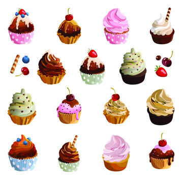 Cupcakes vector set. Cakes with creams and berries. Isolated objects. Food stickers. Bakery icons. Vector
