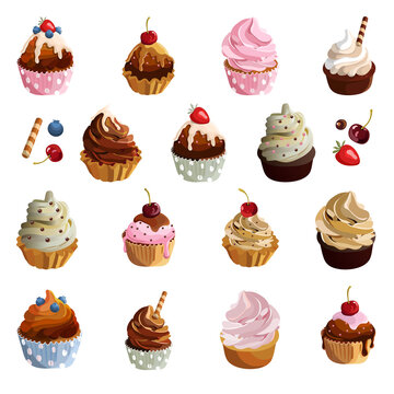 Cupcakes vector set. Isolated cakes. Food stikers.