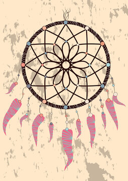 magic symbol Dreamcatcher with gemstones and feathers.