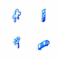 Set Isometric line Test tube and flask, Runny nose, Flower producing pollen and Emergency car icon. Vector