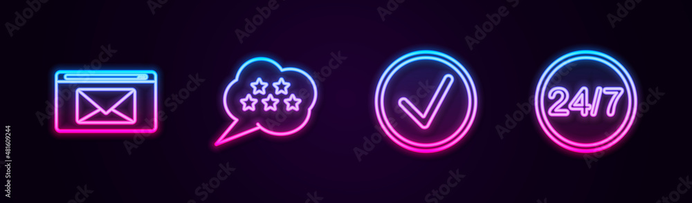 Poster set line mail and e-mail, five stars rating review, check mark circle and clock 24 hours. glowing ne