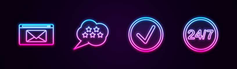 Set line Mail and e-mail, Five stars rating review, Check mark circle and Clock 24 hours. Glowing neon icon. Vector