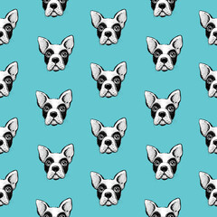 French bulldog seamless pattern, wrapping paper, fabrik print. Vector illustration. Hand drawn funny dogs