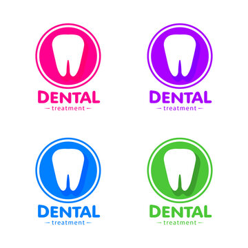 Isolated white tooth vector logo set. Round shape. Tooth hygiene logotype collection on the white background. Dental implants icons group. Caries treatment sign.