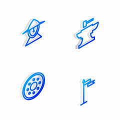 Set Isometric line Anvil for blacksmithing hammer, Medieval iron helmet, Round wooden shield and flag icon. Vector