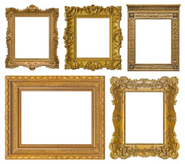 Set of golden frames for paintings, mirrors or photo isolated on white background