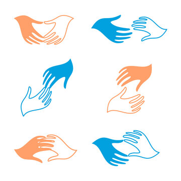 Isolated abstract human hands vector logo set. Touching fingers logotypes.