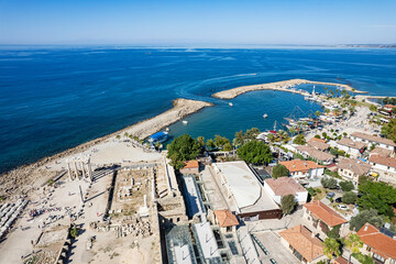 Obraz premium Aerial drone View Of Side Antique City . Side Old Town amphitheater. Side Harbor marina in Antalya Turkey drone photo view