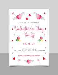 Editable Valentines Day Brunch Invitation, Pink Red hearts watercolor invite, Hearts invitation for Valentine's day,  Girls Night Invitation - obrazy, fototapety, plakaty