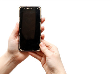 A smartphone with a broken sensor in women's hands, isolated on a white background. The concept of repairing phones, smartphones, replacing parts. Broken smartphone sensor