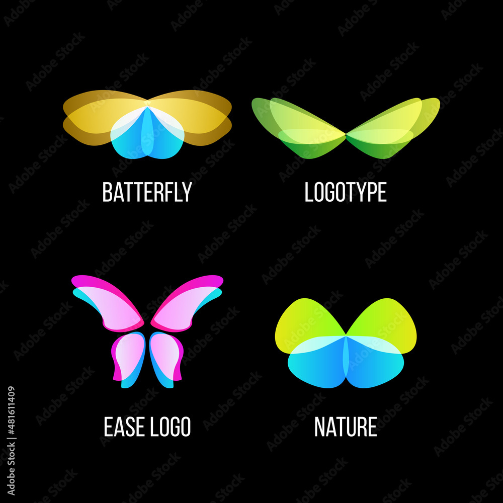 Poster isolated colorful butterflies vector logo set. flying insects logotypes collection. wild nature elem
