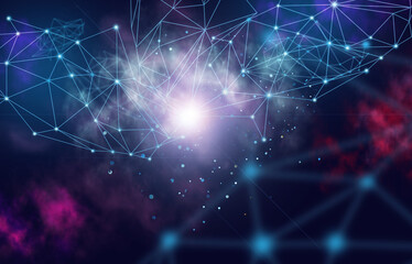 Fototapeta premium Abstract background with connected lines and dots on a dark blue background. Wireless connection illustration, information exchange