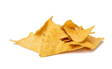 Fototapeta premium pile of corn tortilla chips or nachos isolated on a white background