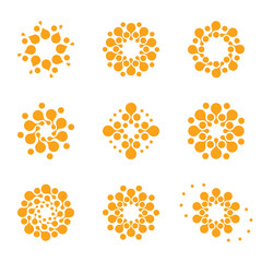 Abstract vector circle logotype. Orange unusual isolated chemistry logos set. Virus icon. Orange sunny sun. Flower.