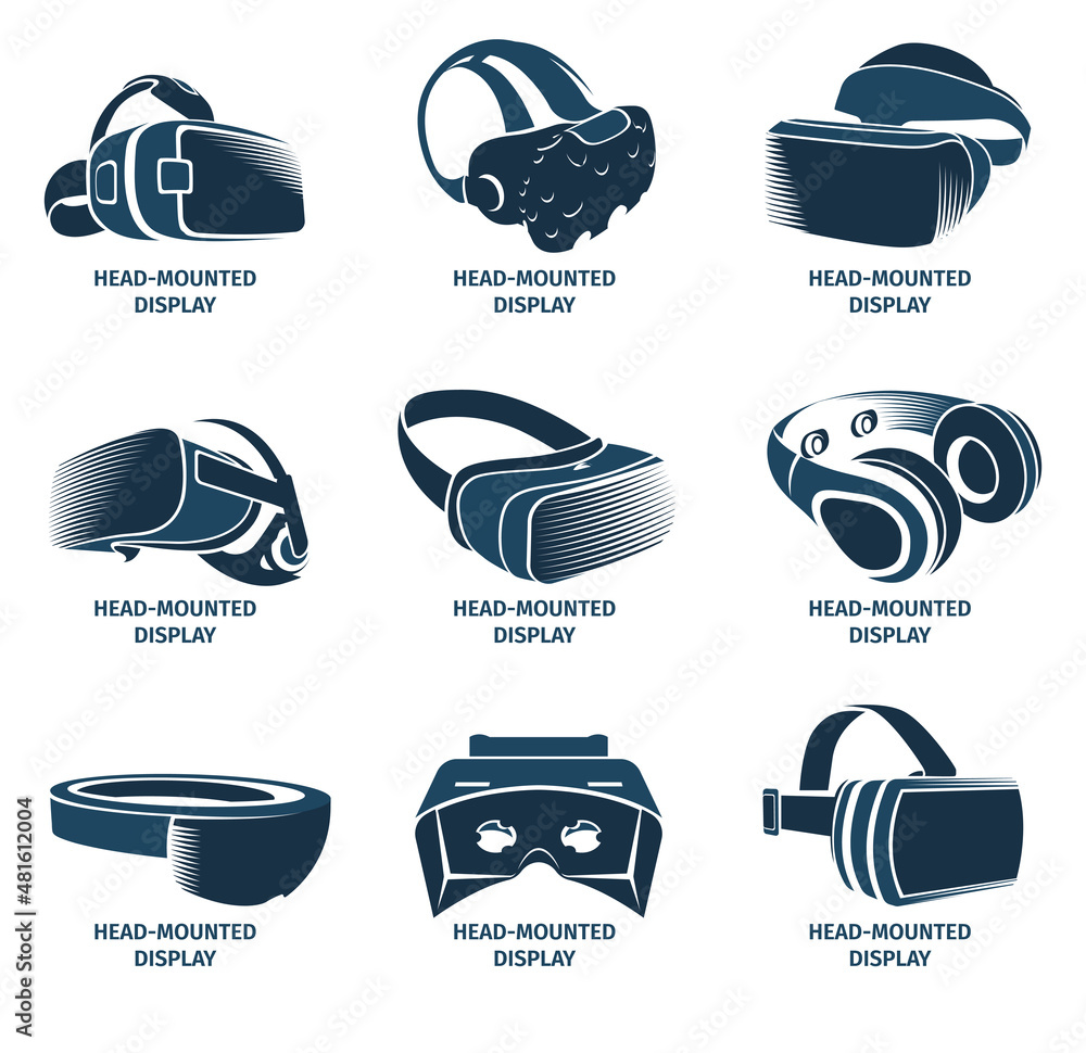 Poster Isolated vr headset logotype set. Virtual reality helmet logo. Head-mounted display icon collection. device. Futuristic gaming element. Simulation smartglasses vector illustration .