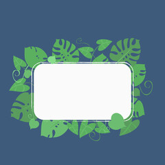 Template layout with green exotic plants, monstera leaves, liana, philodendron leaves, botany, flora.  Botanical vector banner. Rectangular white frame for text.The background is isolated.