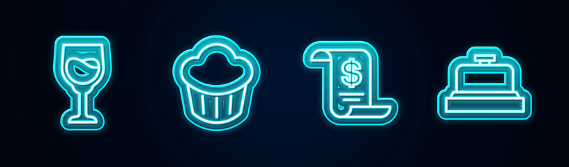 Set line Wine glass, Cupcake, Paper or financial check and Hotel service bell. Glowing neon icon. Vector