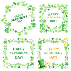Clover frame St. Patrick's day watercolor isolated set round square quatrefoil shamrock coins hat congratulation banner postcard