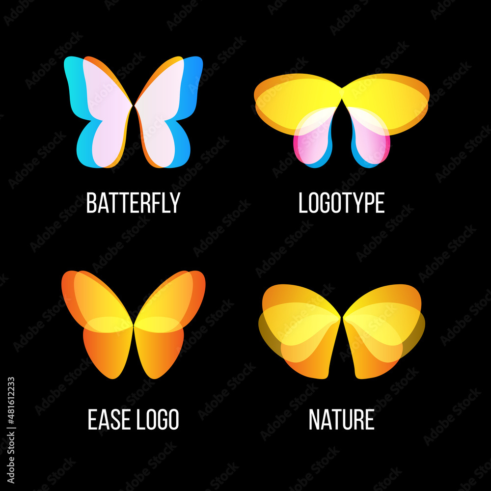 Poster isolated colorful butterflies vector logo set. flying insects logotypes collection. wild nature elem