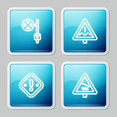 Set line Stop sign with camera, Uneven road ahead, Exclamation mark in triangle and Steep ascent and descent icon. Vector