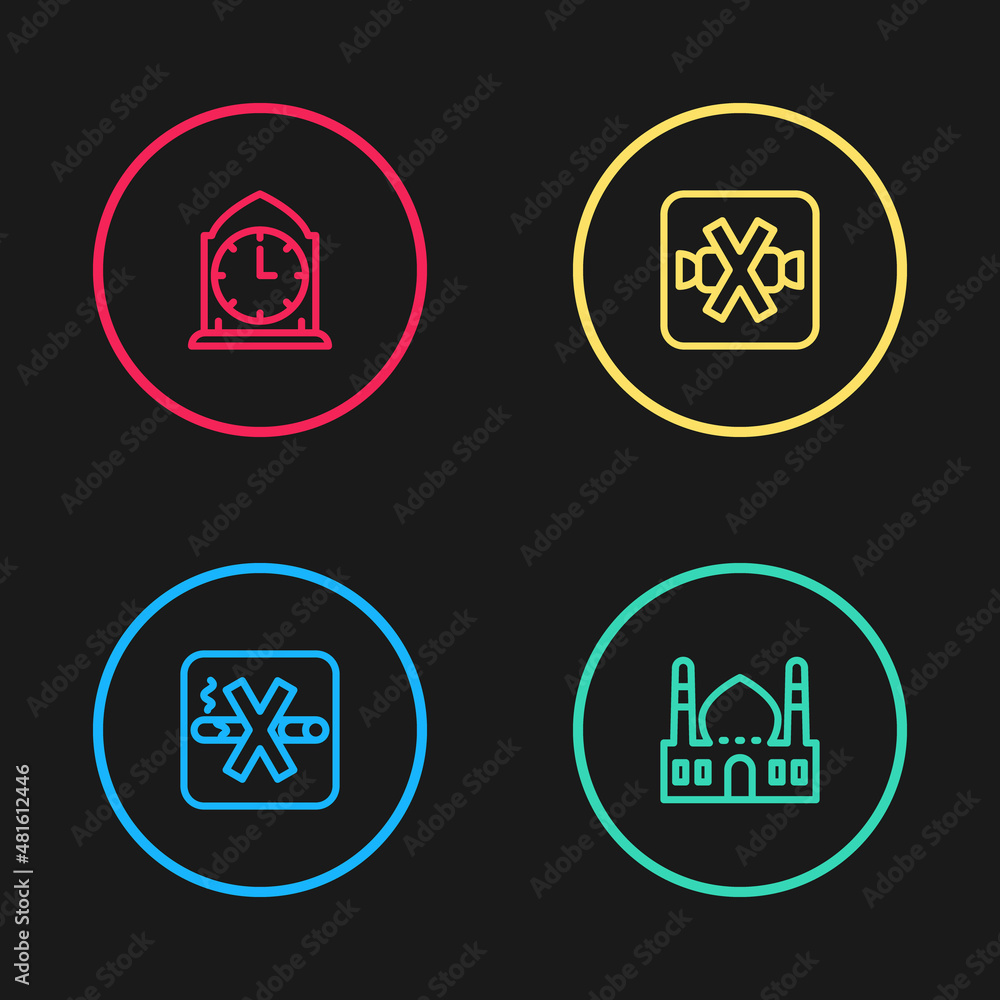 Sticker Set line No Smoking, Muslim Mosque, sweets and Clock icon. Vector