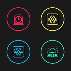 Set line No Smoking, Muslim Mosque, sweets and Clock icon. Vector