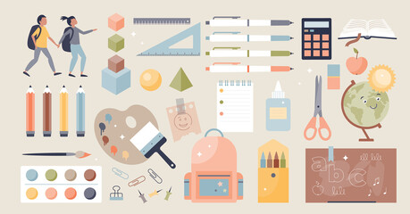 School supplies and stationary items for learning tiny person collection set. Kids schoolbag contents with pen, pencils, water colors, scissors, ruler, glue and other elements vector illustration.