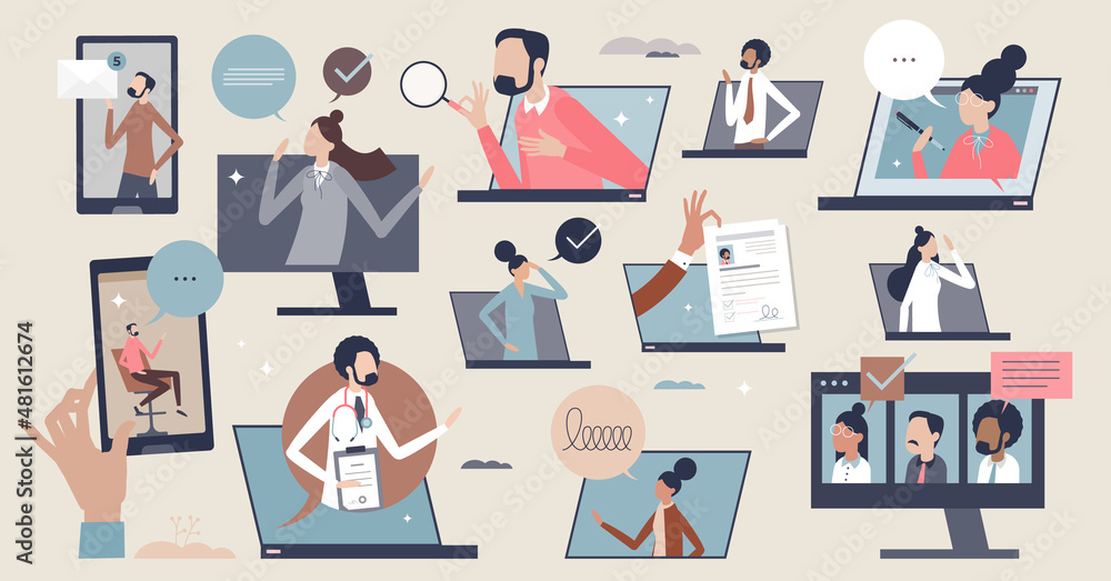 Poster remote communication with distant live videocall tiny person collection set. chat messages, talking,