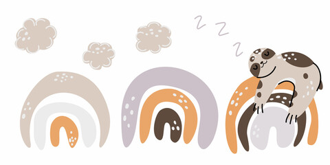 Rainbow sloth. Abstract boho rainbow baby animal, minimalist arch. Nursery room. Cute animal stock modern trendy hand drawn flat illustration isolated on white background.