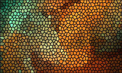 Abstract graphic stained glass consists of green orange brown polygons. Laconic minimal puzzle or mosaic. Conceptual geometric flat design. Digital artwork. Great as cover, print, blank, background.