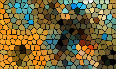 Abstract graphic stained glass consists of blue orange brown polygons. Laconic minimal puzzle or mosaic. Conceptual geometric design with black edges. Digital artwork. Great as print, decoration.