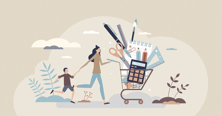 School supplies and stationary equipment for learning tiny person concept. Shop sale with education tools vector illustration. Full cart with pencils, pens, notepad and calculator vector illustration