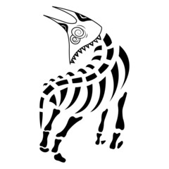 Silhouette, outline of a dog skeleton with a bizarre black muzzle. Tattoo style is minimalism. The design is suitable for animal logo, tattoo, decor, mural, hunting club, company, cartoon. Isolated ve