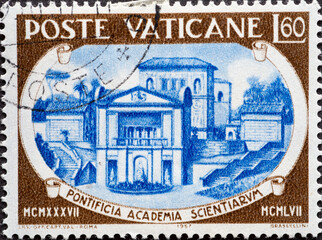 Vatican City - circa 1957: a postage stamp from Vatican City, showing the Pontifical Academy...