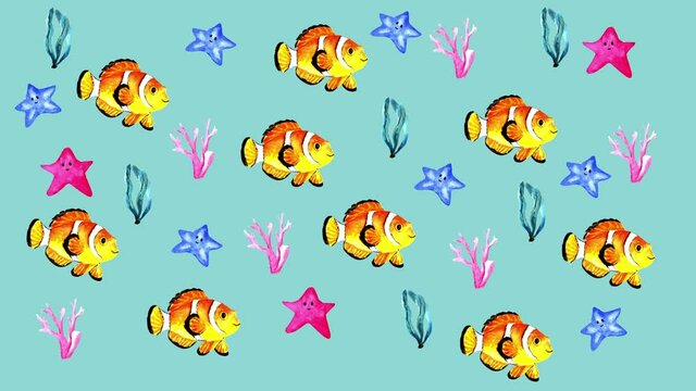 Watercolor underwater life video. Boundless pattern can be used for web page backgrounds, wallpapers, wrapping papers, invitation and summer designs.