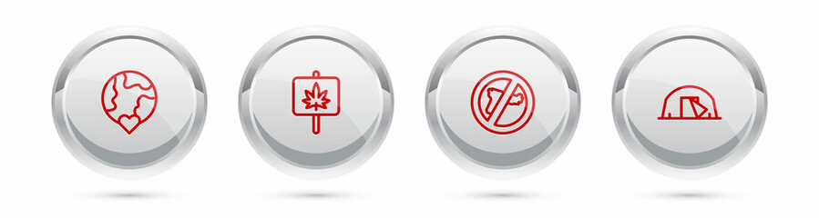 Set line The heart world - love, Marijuana, No war and Tourist tent. Silver circle button. Vector