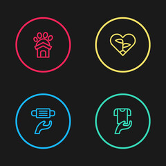 Set line Medical protective mask, Clothes donation, Leaf in heart and Animal shelter house icon. Vector