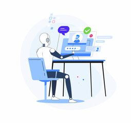 HR AI as human resources robots scanning CV for hiring tiny person concept. Modern technologies searching for labor, and vacancy candidates vector illustration. Automation analyzing work data bases.