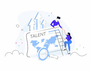 Composition with group of managers, employees or office workers climbing up together and supporting each other. Concept of team building, teamwork, collective work. Flat colorful vector illustration.