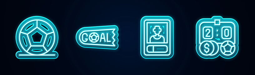 Set line Soccer football ball, Goal soccer, Football or card and betting money. Glowing neon icon. Vector