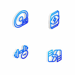 Set Isometric line Energy drink, Weight plate, Dumbbell and Socks icon. Vector