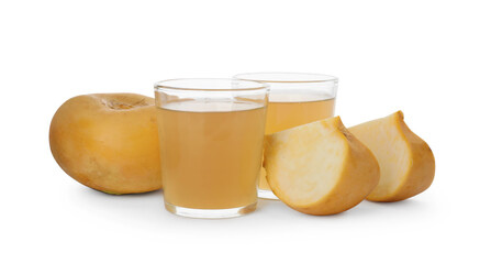 Glasses of freshly made turnip juice on white background