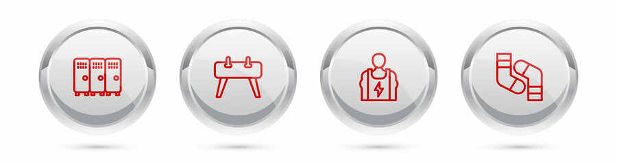 Set line Locker or changing room, Pommel horse, Bodybuilder and Socks. Silver circle button. Vector