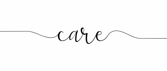 CARE - Continuous one line calligraphy with Single word quotes. Minimalistic handwriting with white background.