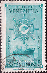 Venezuela - circa 1948: a postage stamp from Venezuela, showing an ocean cargo ship Founding of the...